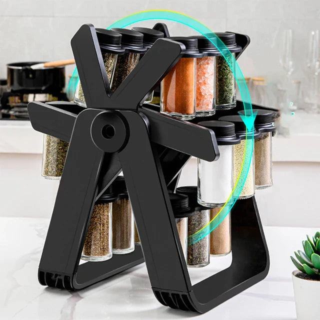 Set 18 recipiente condimente cu suport rotativ, 34x23 cm, pivotant 360°, negru