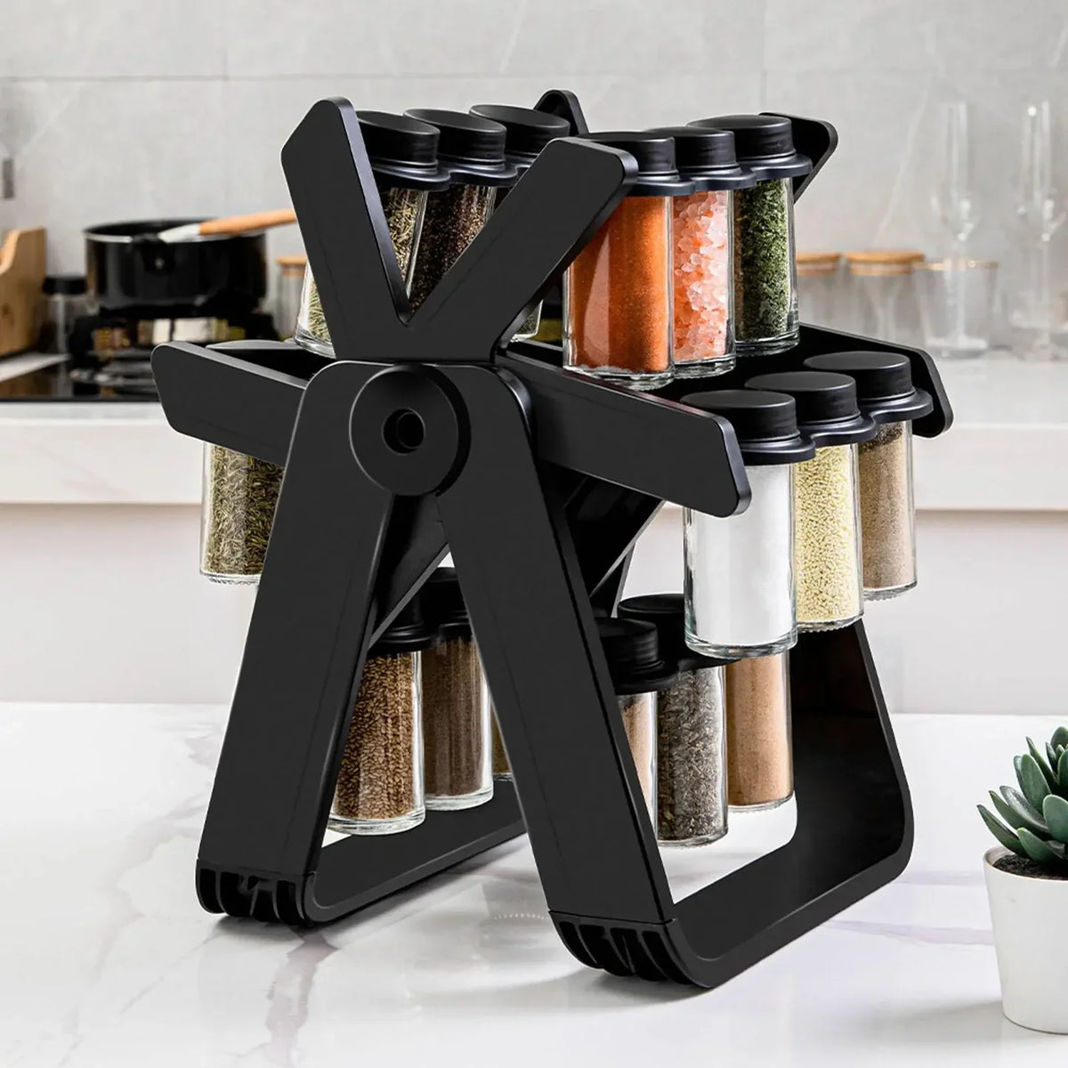 Set 18 recipiente condimente cu suport rotativ, 34x23 cm, pivotant 360°, negru
