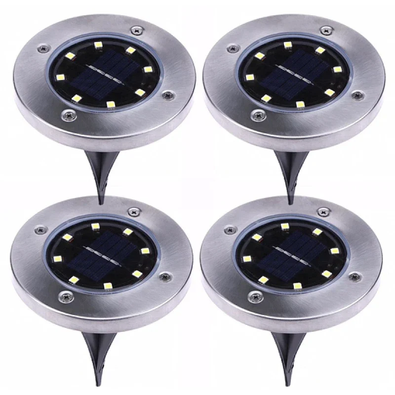 Set 4 Lampi Solare metalice Argintii Disk Lights pentru gradina + Hamac CADOU!