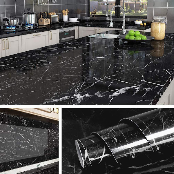 Folie adeziva imitatie marmura neagra, 60 x 300 cm, set 3 bucati