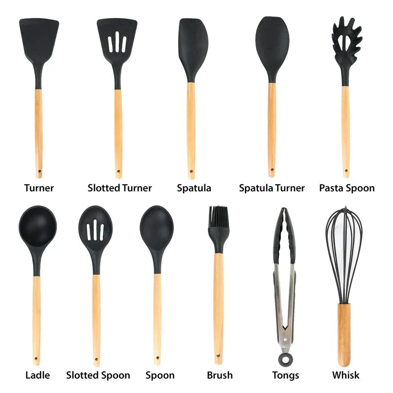 Set 12 ustensile de gatit din silicon, maner rezistent din bambus