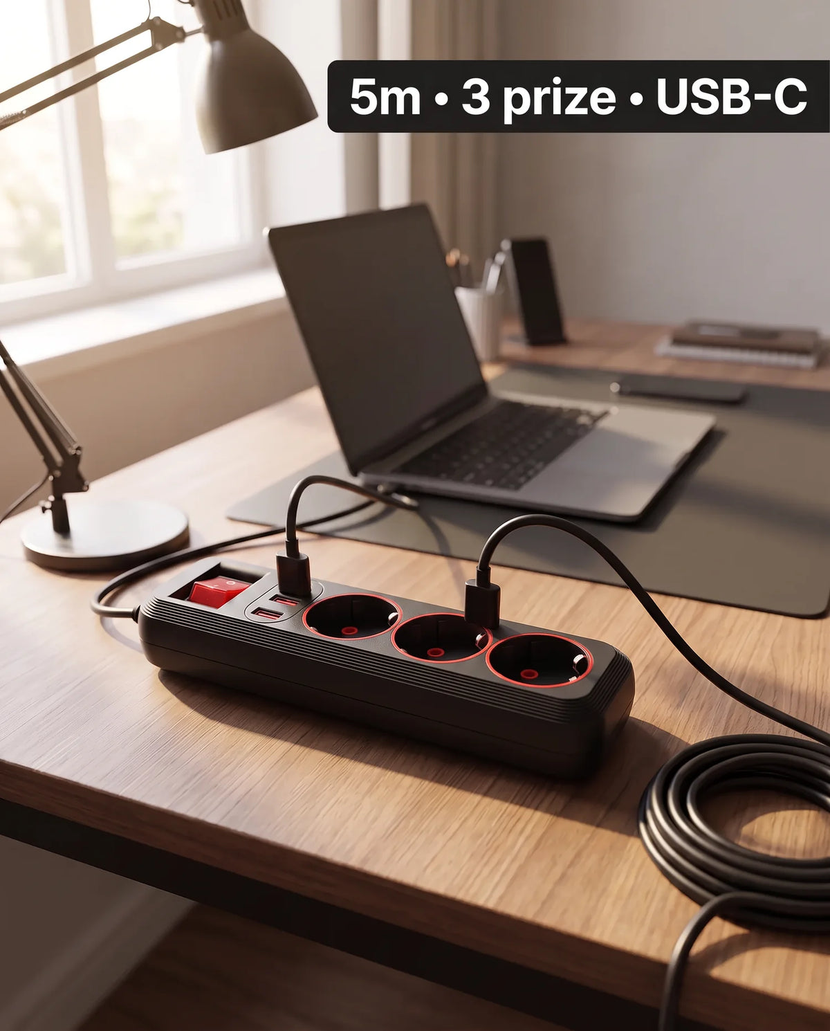 1+1 CADOU Prelungitor multifuncțional cu 3 prize, 2 USB-A și USB-C, cablu 3 metri