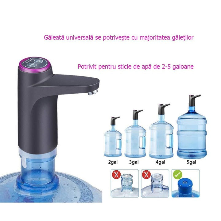 Pompa electrica pentru bidon, dispenser de apa, reincarcabil, 3 l/min, 1200 mAh, 4W, Negru