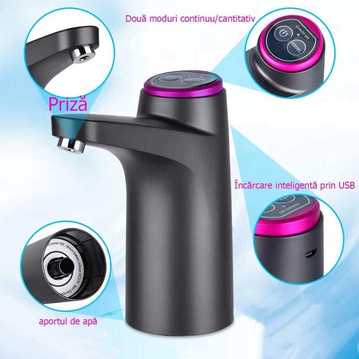 Pompa electrica pentru bidon, dispenser de apa, reincarcabil, 3 l/min, 1200 mAh, 4W, Negru