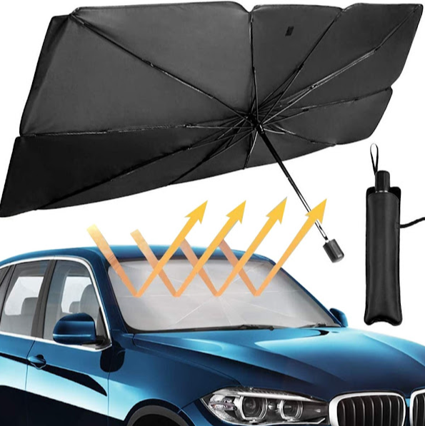 Pachet Parasolar pliabil tip umbrela pentru parbrizul masinii + Placuta numar telefon parcare, pentru parbriz CADOU