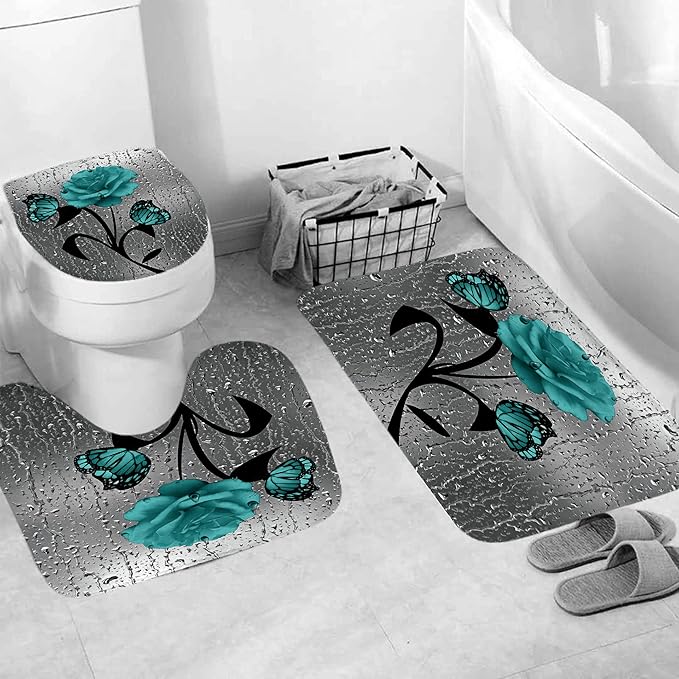 Set baie 4 piese: perdea, covorase si husa de toaleta, Blue Rose