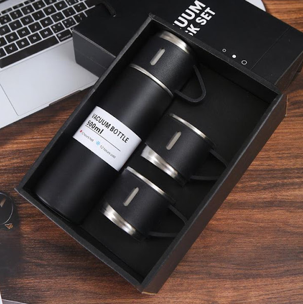 Set 4 piese: Termos 500 ml + 3 cesti, otel inoxidabil, Negru
