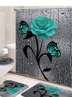 Set baie 4 piese: perdea, covorase si husa de toaleta, Blue Rose