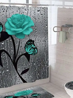 Set baie 4 piese: perdea, covorase si husa de toaleta, Blue Rose