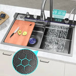 Chiuveta multifunctionala cu 2 cascade cu accesorii incluse, afisaj digital a temperaturii si robinet cascada, culoare negru grafit, dimensiune 750x460mm