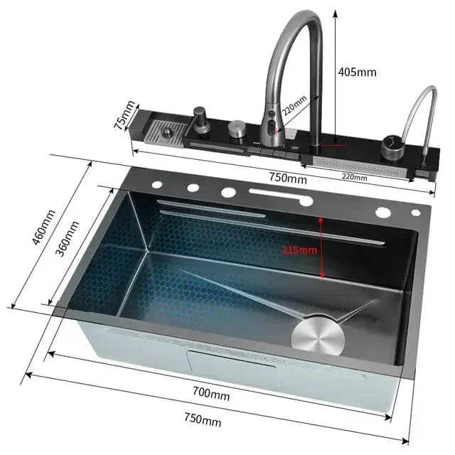 Chiuveta multifunctionala cu 2 cascade cu accesorii incluse, afisaj digital a temperaturii si robinet cascada, culoare negru grafit, dimensiune 750x460mm
