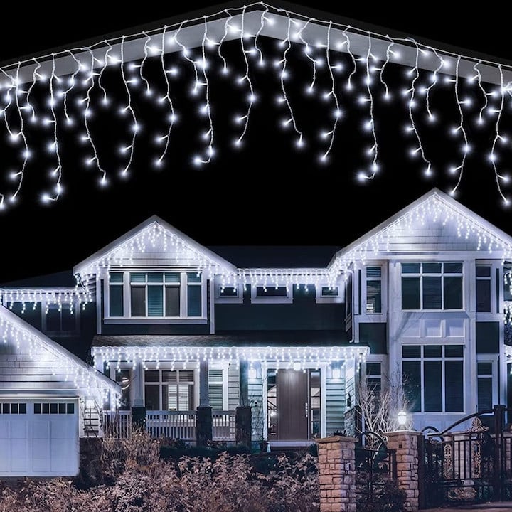 Instalatie Craciun 10m cu flash, 200 LED-uri, de exterior, tip franjuri, turturi ,fir alb, interconectabila + Instalatie solara 10 metri, 100 LED CADOU