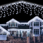 Instalatie Craciun 10m cu flash, 200 LED-uri, de exterior, tip franjuri, turturi ,fir alb, interconectabila + Instalatie solara 10 metri, 100 LED CADOU