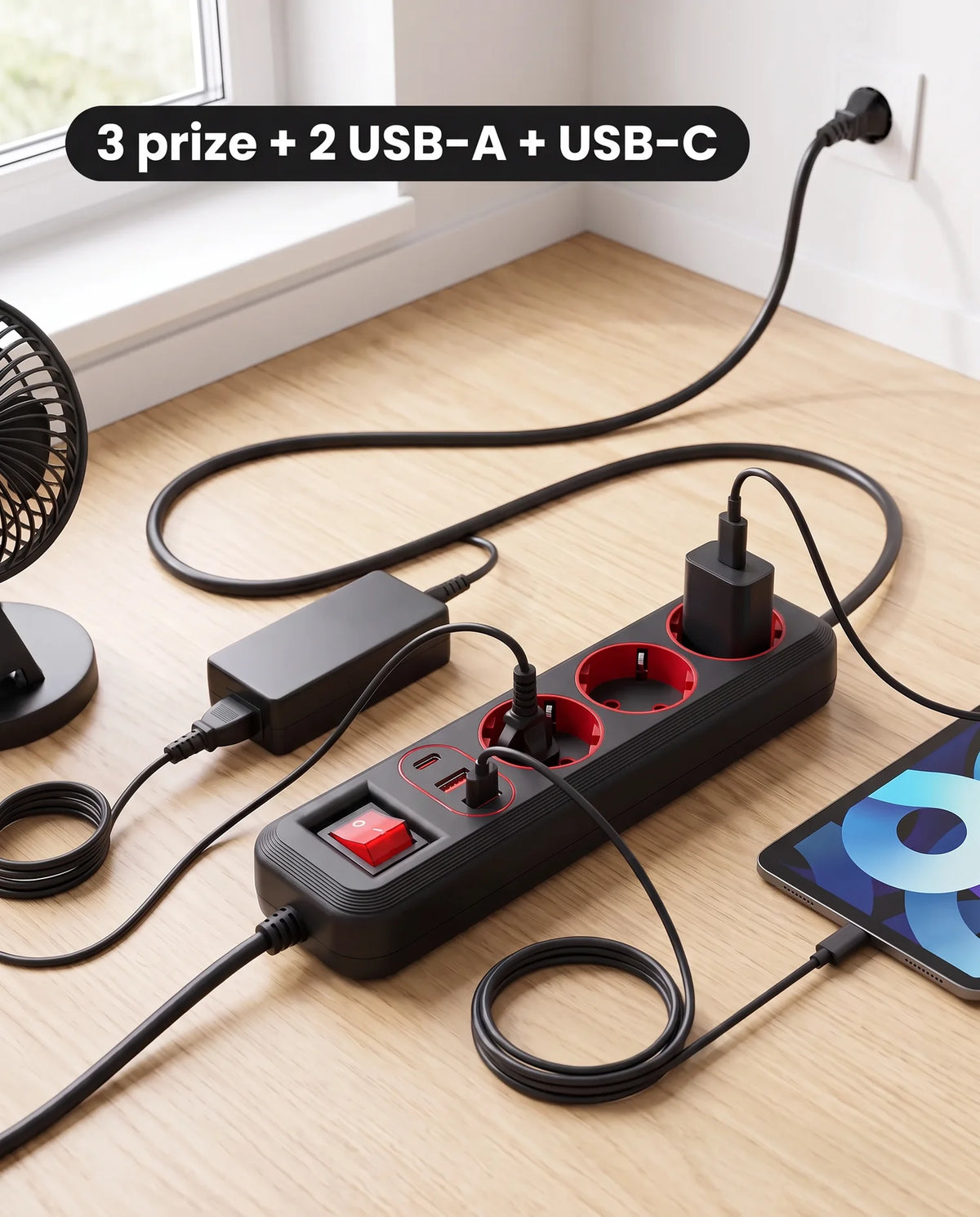 1+1 CADOU Prelungitor multifuncțional cu 3 prize, 2 USB-A și USB-C, cablu 3 metri
