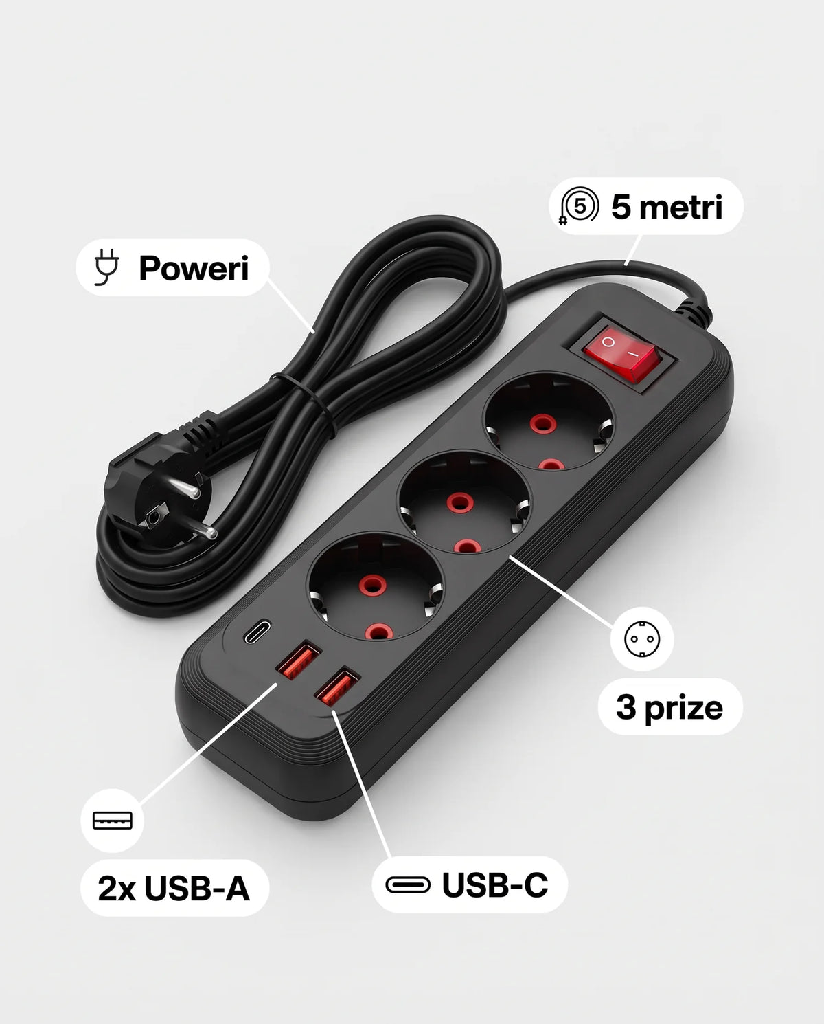 1+1 CADOU Prelungitor multifuncțional cu 3 prize, 2 USB-A și USB-C, cablu 3 metri