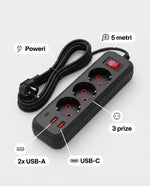1+1 CADOU Prelungitor multifuncțional cu 3 prize, 2 USB-A și USB-C, cablu 3 metri