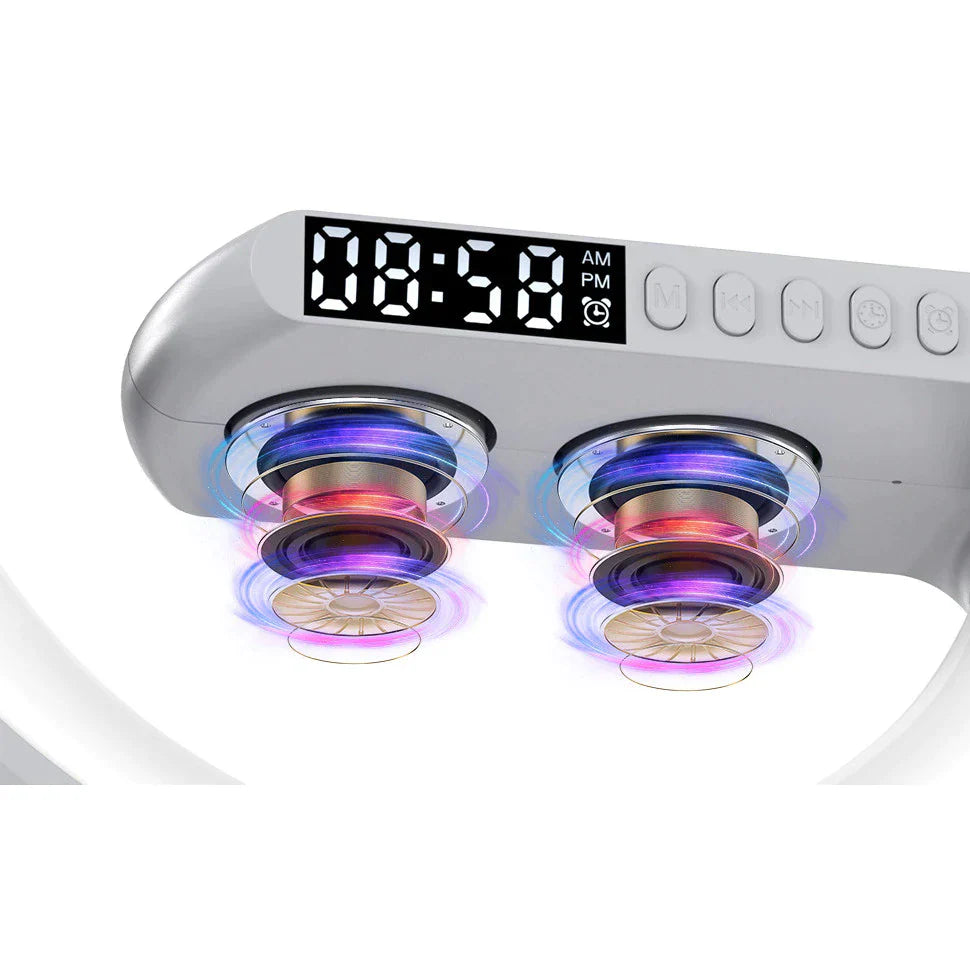 Lampa Moon RGB cu ceas cu alarma, lumina si sunet, difuzor Bluetooth si incarcator rapid wireless