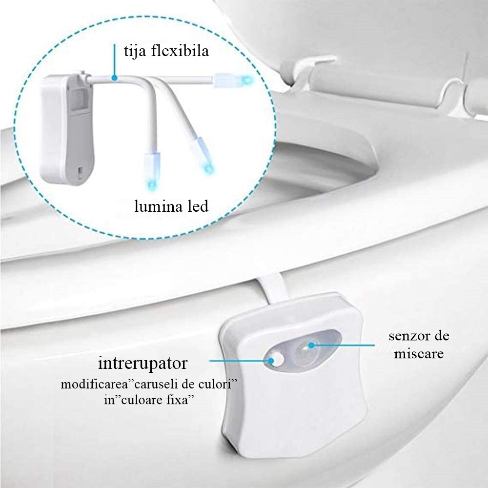 Lampa Led WC 8 culori cu senzori rezistenti la apa, miscare lumineaza toaleta noaptea