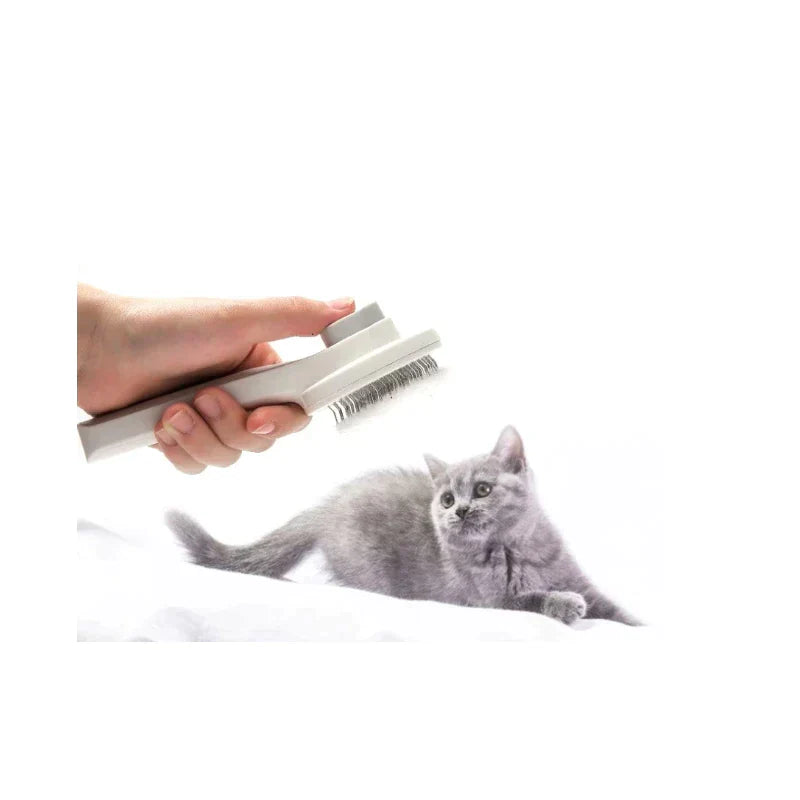 Perie pentru animale Stuffix®, forma pisicuta, cu buton pentru curatare, albastra